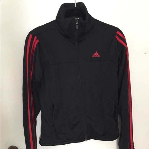 adidas red jacket black stripes